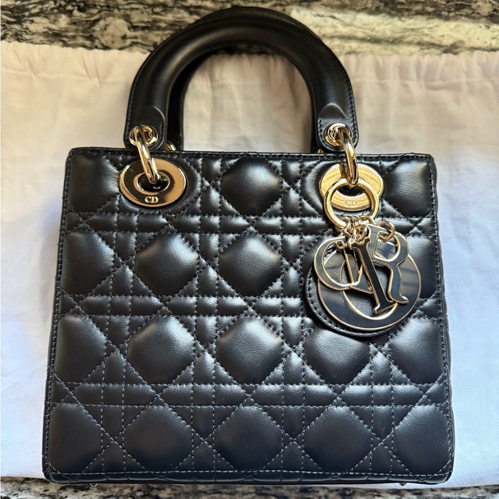Dior Lady Dior Small Lambskin in Black with Champagne Gold Headwear
